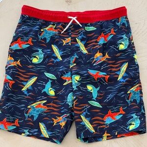 Boys XXL Lands End Swim Trunks with Colorful Shark & Surf Print - Navy/Red